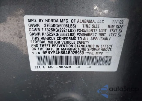 2010 Honda Pilot Ex-L from USA, damaged, VIN 5FNYF4H66AB025960